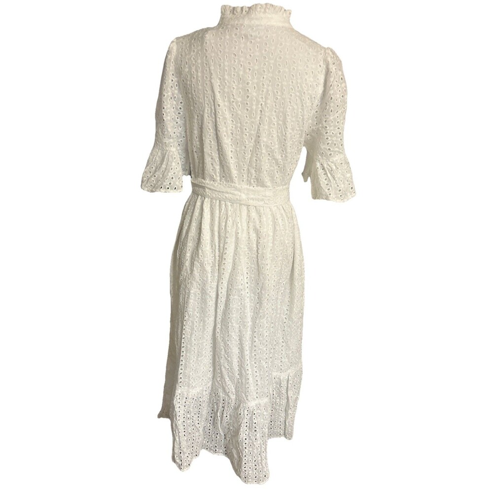 Sugarlips Kaylie Eyelet Sz M White Button Down Ruffle Midi Belted Cotton Dress - Picture 10 of 15